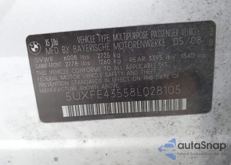 2008 BMW X5 3.0Si z USA, uszkodzony, nr VIN 5UXFE43558L028105